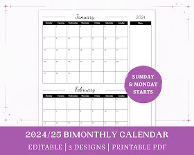 Minimalist black-and-white design on a dated bimonthly calendar