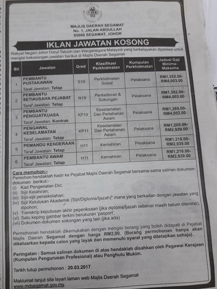 Jawatan Kosong: Jawatan Kosong Majlis Daerah Segamat Johor 