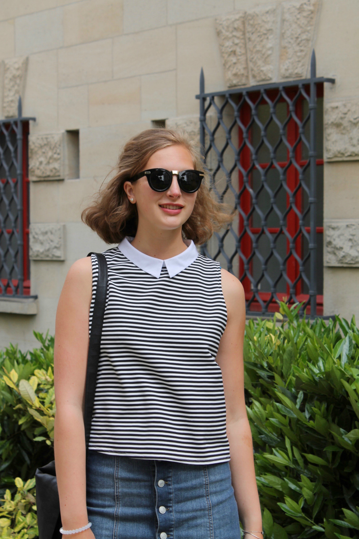 Zara striped collared shirt, jean mini skirt and leather slip on sneakers in Paris