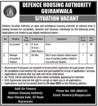 Latest Defence Housing Authority DHA Accounting Posts Gujranwala 2022