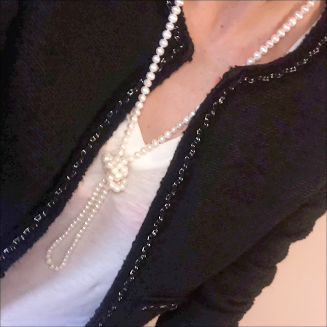 My Midlife Fashion, L K Bennett Charl black jacket, french sole arabella black glitter ballet pumps, zara faux leather trousers, j crew vintage v neck t shirt, single long length pearl necklace, laura ashley blue plait detail tassel suede cross body bag