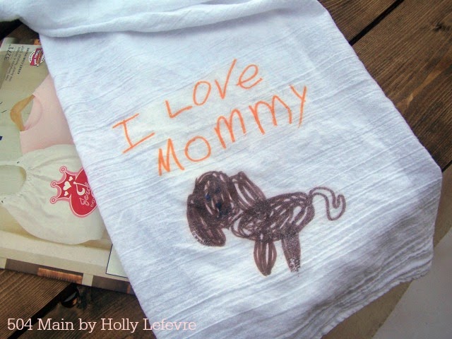 A sweet drawign your child created can easily be added to a flour sack towel for a special gift