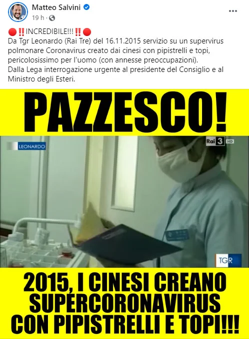 Post di Matteo Salvini sul supercoronavirus