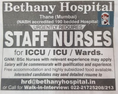 Urgently Required Staff Nurses to Bethany Hospital, Thane, Mumbai