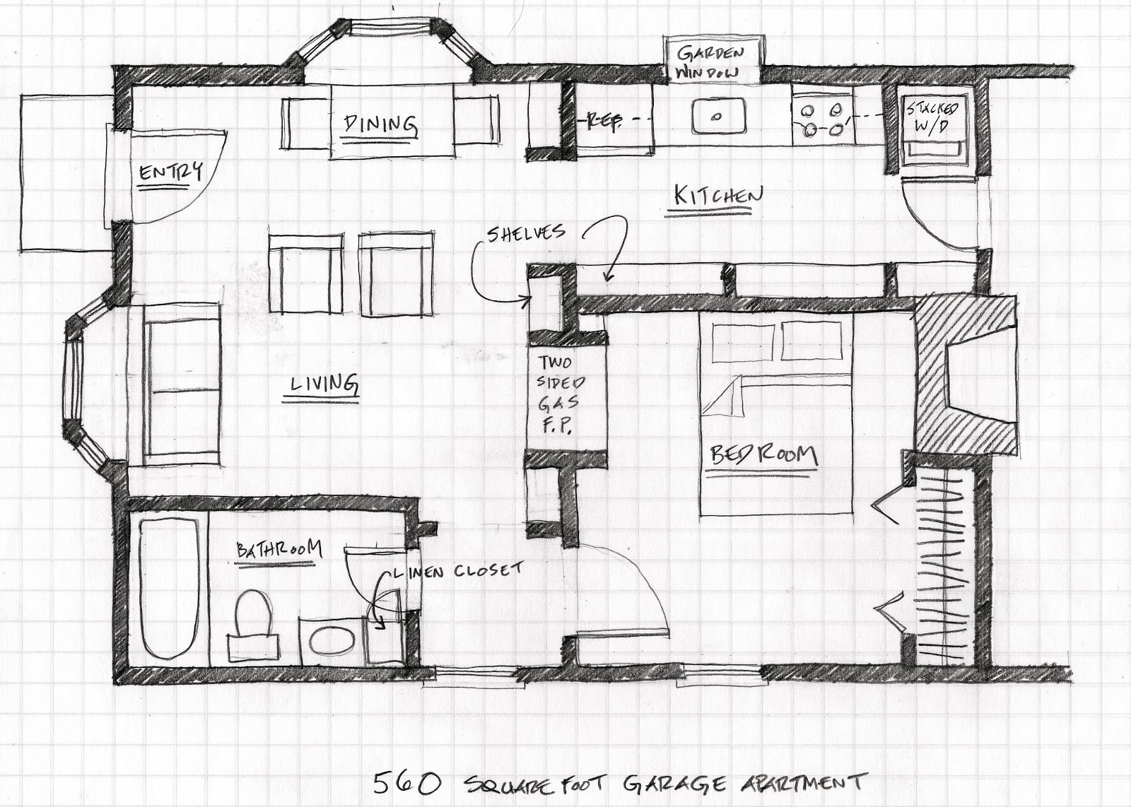 apartment design ideas Floor plan for 560 square foot garage apartment.