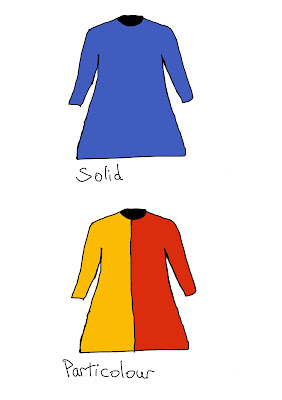 A simple drawing of two tunics, one above the other, in different colours. The top tunic is coloured dark blue and has the word "solid" written underneath it. The bottom tunic has been divided vertically down the middle. The left side is coloured yellow and the right side is coloured red. The word "Particolour" is written under it. End ID.