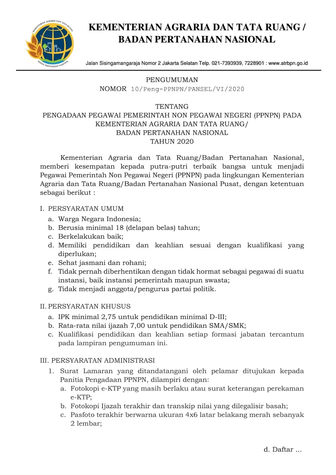 Lowongan Kerja SMA SMK PPNPN Kementerian Agraria dan Tata Ruang/Badan Pertanahan Nasional