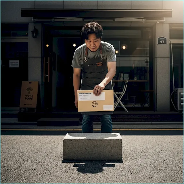 2025년부터 시행되는 법 개정안, 이제 우리 가게도 예외가 아닙니다. 서울 도심 골목의 게시판에 붙은 2025년 장애인등편의법 개정안 공고문. 소규모 시설의 경사로 설치 의무화 내용이 강조되어 있다.