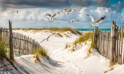 Beach sand dunes with broken fences and seagulls flying