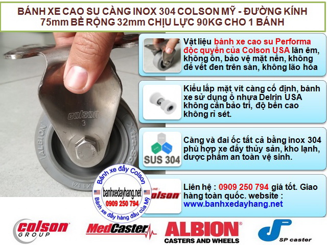 Bánh xe cao su càng inox cố định 75x32mm Colson | 2-3308SS-444 banhxedaycolson.com