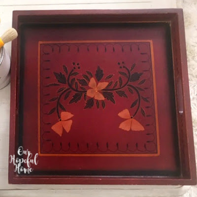 thrifted wood square tray Chinese influence art deco