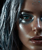 Futuristic figure with natural skin, metallic makeup, and shimmering effects with silver hair, created with Leonardo Lightning XL.
