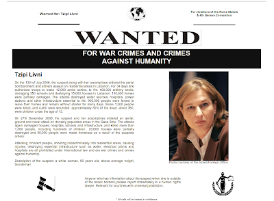 Wanted! FOR WAR CRIMES AND CRIMES AGAINST HUMANITY - Tzipi Livni - Ex-Mossad Agent and Ex-Foreign Minister of the Criminal and Racist Entity known as 'Israel'