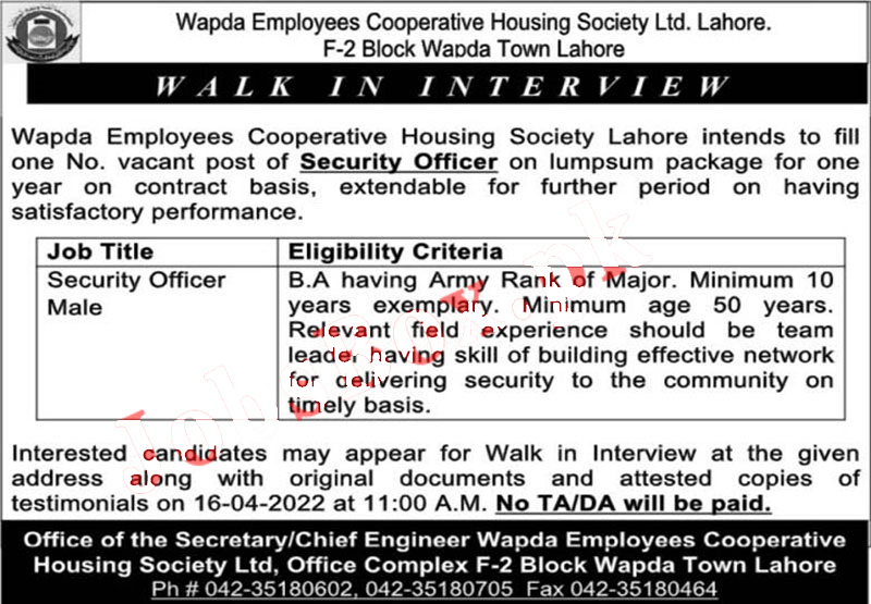 Wapda Employees Cooperative Housing Society Lahore Jobs 2022