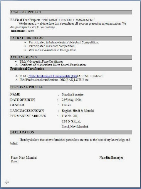 Fresher Resume Format