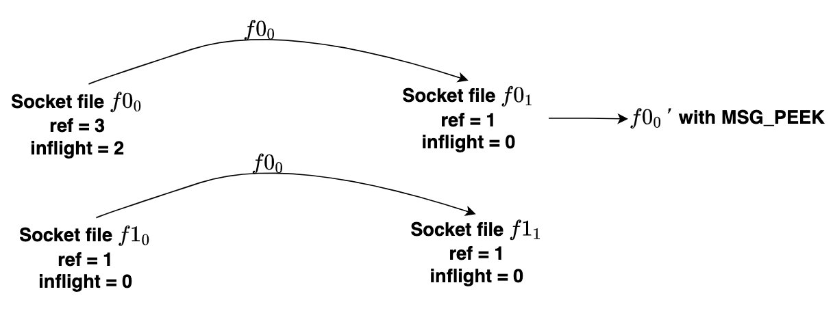 After f01 receives the socket file descriptor by MSG_PEEK, the reference count of f00 is incremented and the receive queue from f01 remains the same.