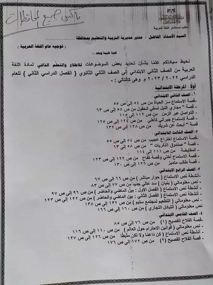 التعليم : تحدد دروس لـ  الإطلاع فقط  فى اللغة العربية .. من الصف الثاني الابتدائي حتى الثاني الثانوي "  صور"