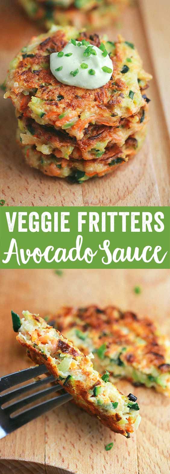 Crispy Vegetable Fritters with Avocado Yogurt Sauce - This recipe is packed with broccoli, carrots, and zucchini. Enjoy by dipping each appetizer bite into a delicious creamy sauce