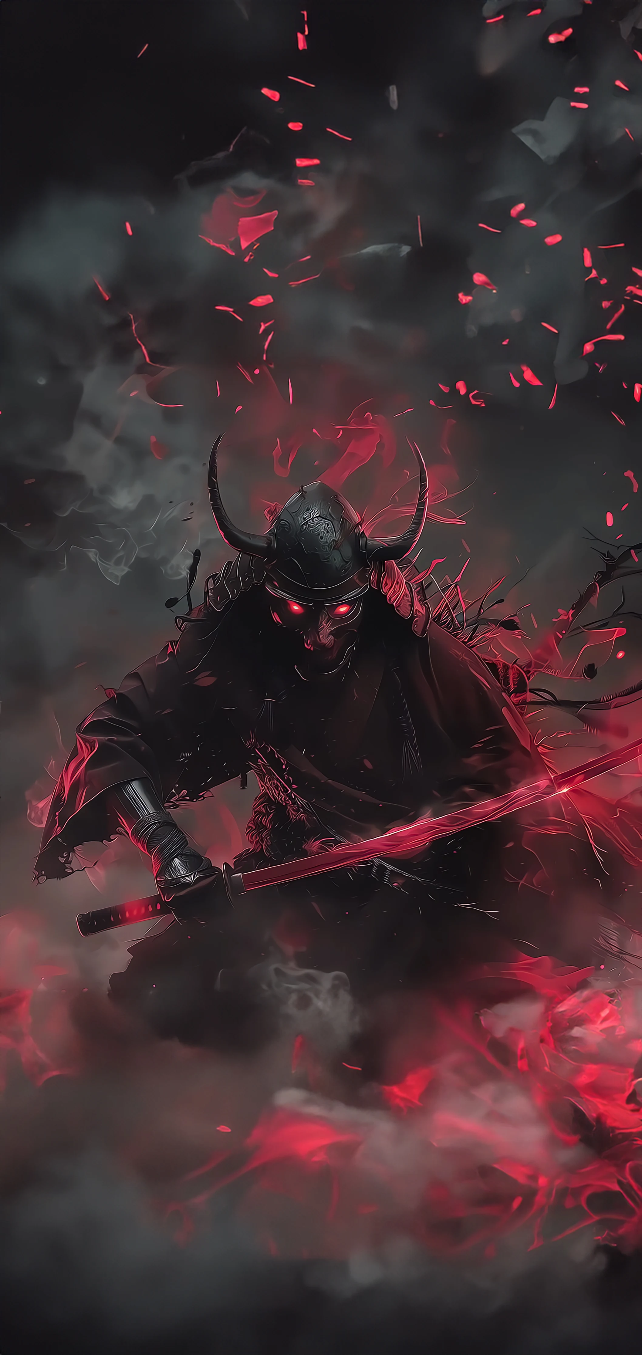A foreboding samurai with glowing eyes, wielding a katana, surrounded by a whirl
of crimson petals and dark mist
