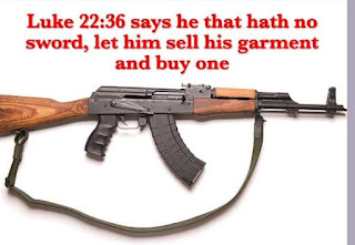 Luke 22:36 says he that hath no Sword let him sell his Garment and buy one