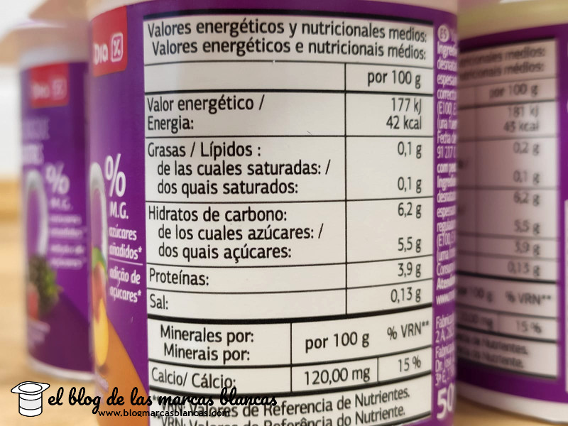 Información nutricional del yogur desnatado edulcorado con frutas Dia en el blog de las marcas blancas.