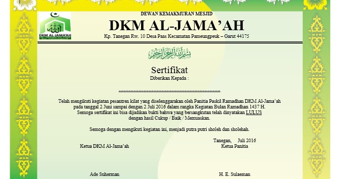 Download Contoh Sertifikat PASKIL Ramadhan format Word 