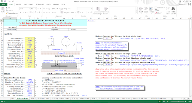 Analysis of Concrete Slabs on Grade by excel sheet