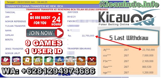 Bukti Transfer Kemenangan Besar Member Setia KicauQQ