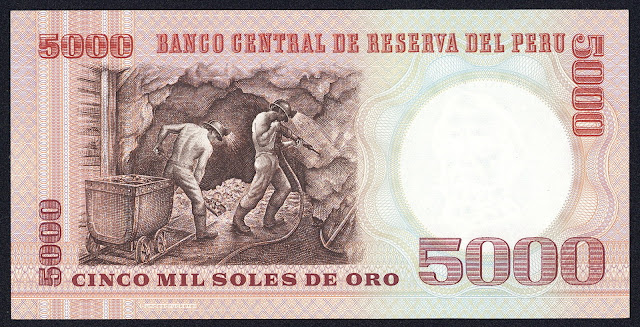 Peru money currency 5000 Soles de Oro banknote 1985 Miners at work