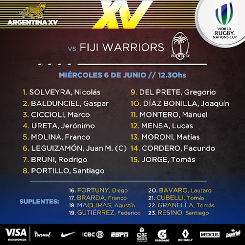 Formación de Argentina XV ante Fiji Warriors #NationsCup