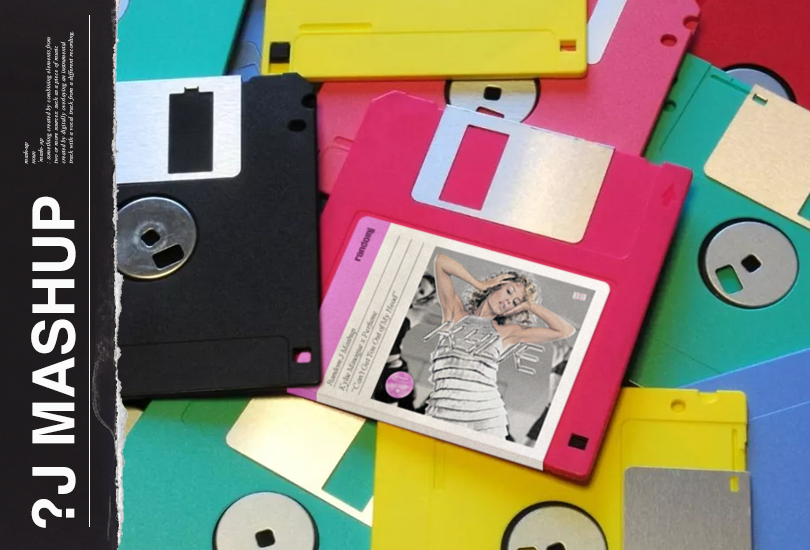 A pile of colourful floppy discs. With one pink disc with a label on it, which features the cover art of my Kylie Minogue x Perfume mashup. The cover art of which features a shot of Kylie Minogue in the final rooftop setup of her music video for “Can’t Get You Out of My Head”.