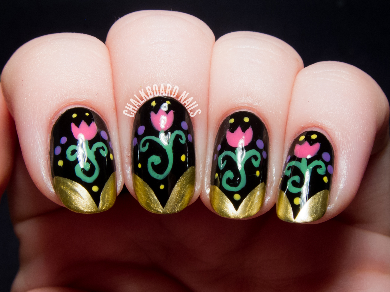 Anna-inspired Frozen nail art by @chalkboardnails