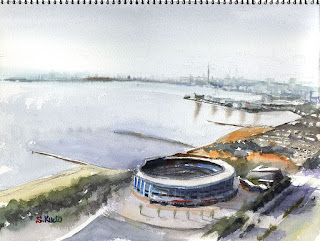 水彩スケッチ　東京湾とマリンスタジアム　Watercolor Sketch Tokyo bay & Marin stadium