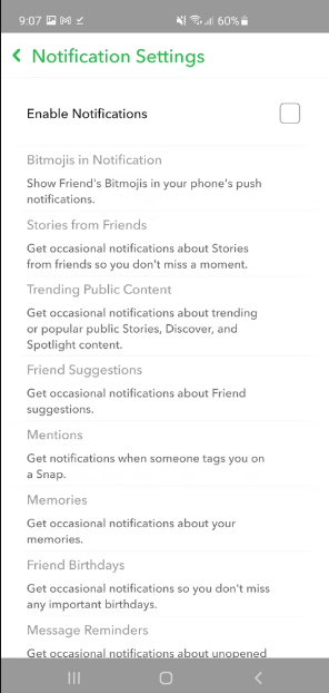 قم بتعطيل جميع إشعارات Snapchat من التطبيق