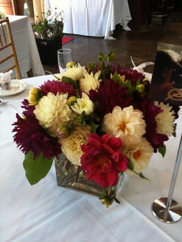 We used seasonal dahlias in white red and burgundy to create centerpieces 