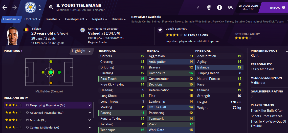 Youri Tielemans Football Manager 2021