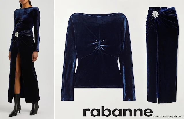 Princess Rajwa wore RABANNE Ruched Velvet Top and Gathered Crystal-Embellished Velvet Maxi Skirt in Blue