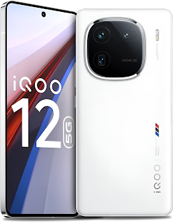 Close-up image of the iQOO 12 smartphone in black, highlighting its triple-camera setup and glossy glass back finish.