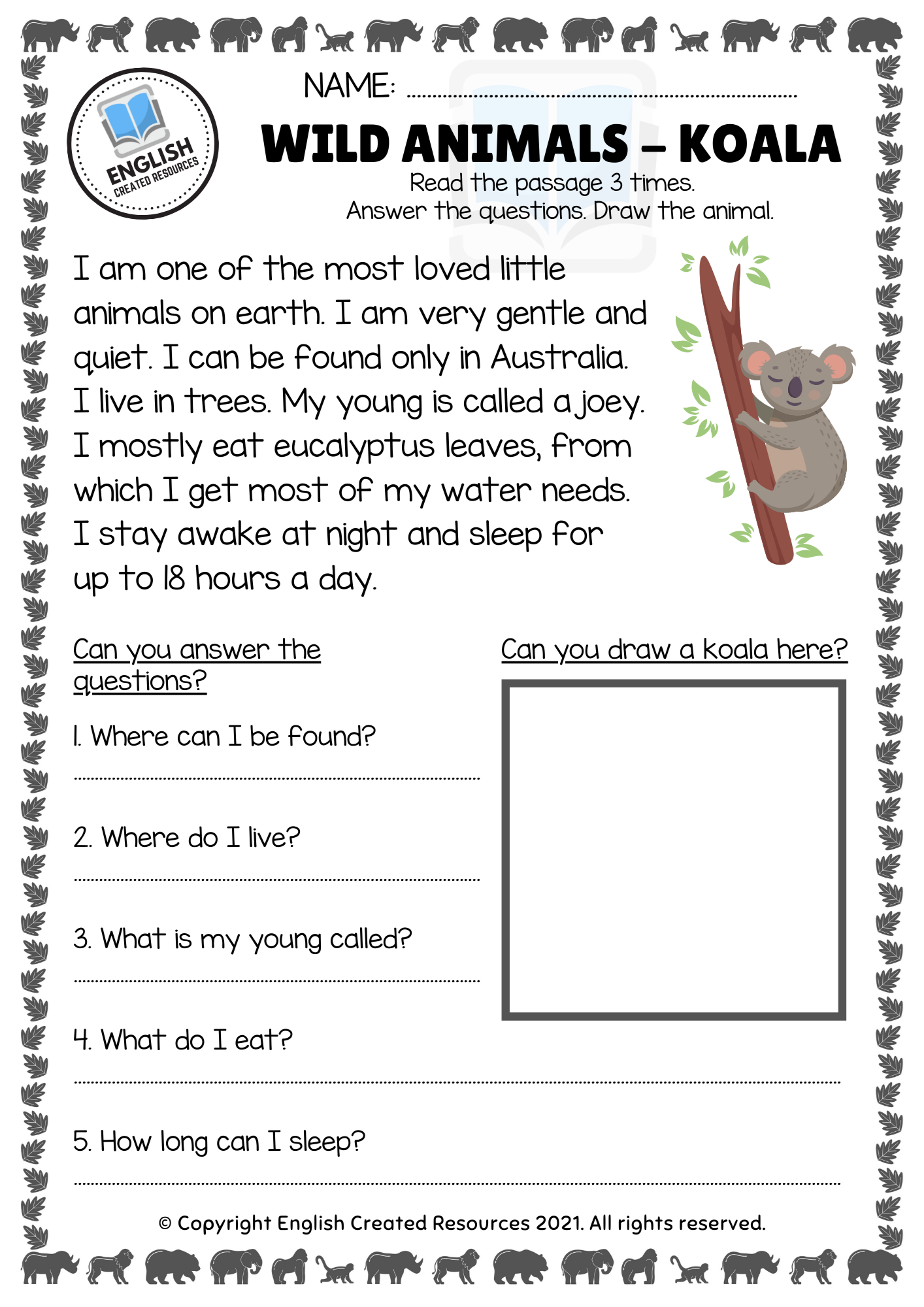 wild animals reading comprehension worksheets english created resources