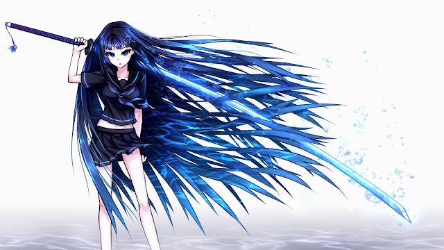   Cute Girl Long Blue Hair School Uniform Long Katana Sword Weapon Anime HD Wallpaper Desktop PC Background  1999