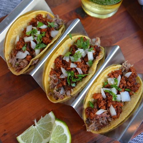 Green chile smoked pork and chorizo tacos