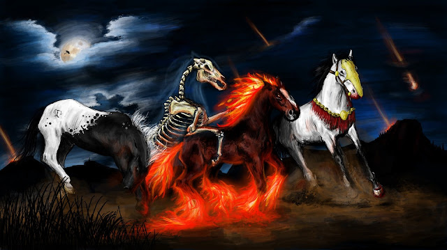 The Four Horses of the Apocalypse charges across a night-time landscape.