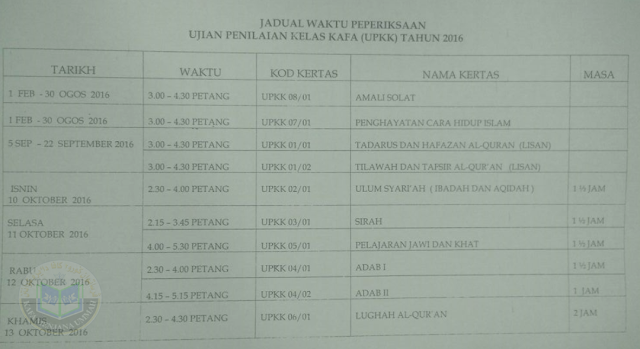 Jadual Peperiksaan UPKK 2016