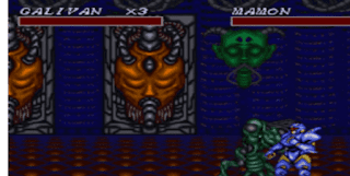 Like space cyberpunk areas with like heads two of them orange coloured connected to tubes and small green demon style of head and see green demon fighting a blue man who looks like cyberpunk knight