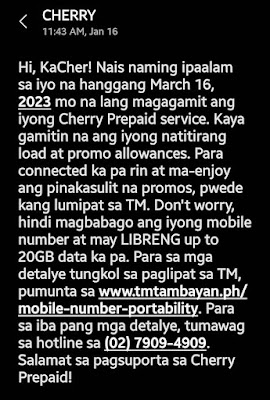 Cherry Prepaid SMS advisory regarding its shutdown