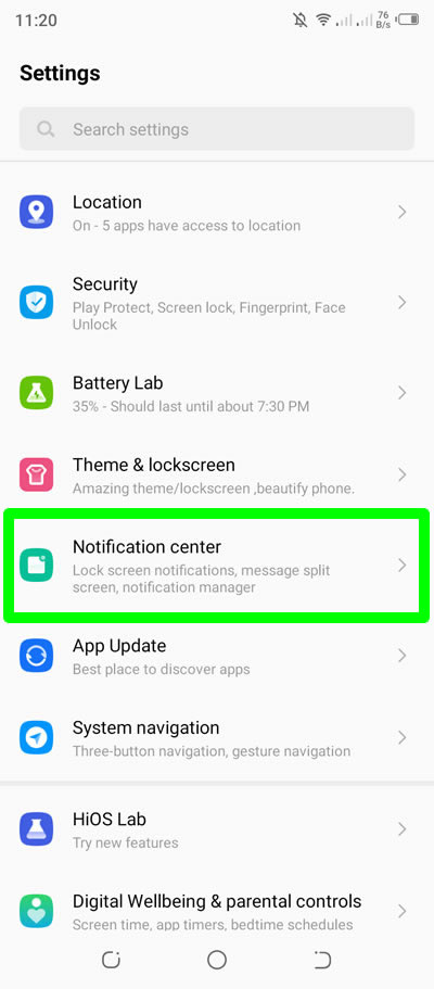 notification center settings android