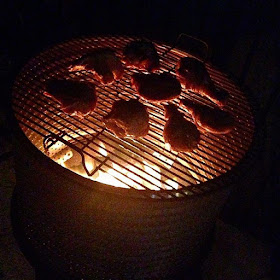 Grilling chicken over the fire pit