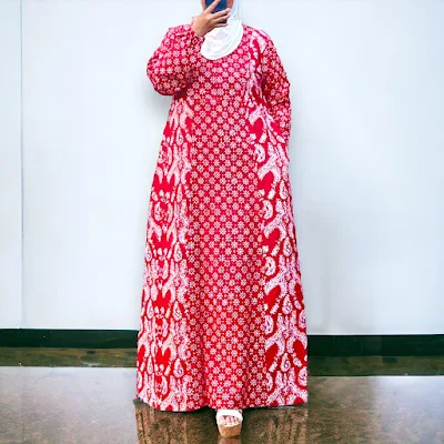 Pakaian Muslim Wanita Batik Gamis Kombinasi Bahan Katun Warna Merah