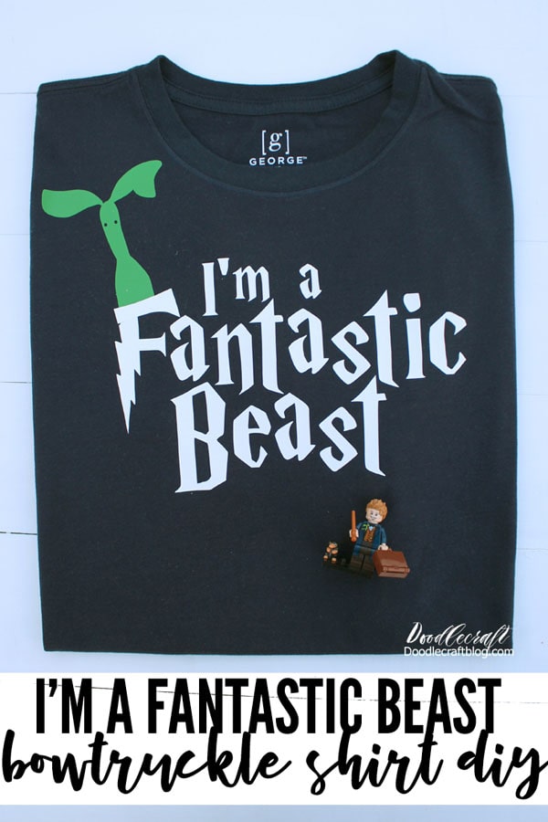 I'm a Fantastic Beast Funny Bowtruckle Shirt DIY  Make a hilarious shirt to wear to the movies next month to celebrate the last installment of Fantastic Beasts!  This funny shirt features Pickett, the bowtruckle, which would look great on a tee shirt pocket too!     Just like Newt Scamander and his suitcase full of fantastic beasts.