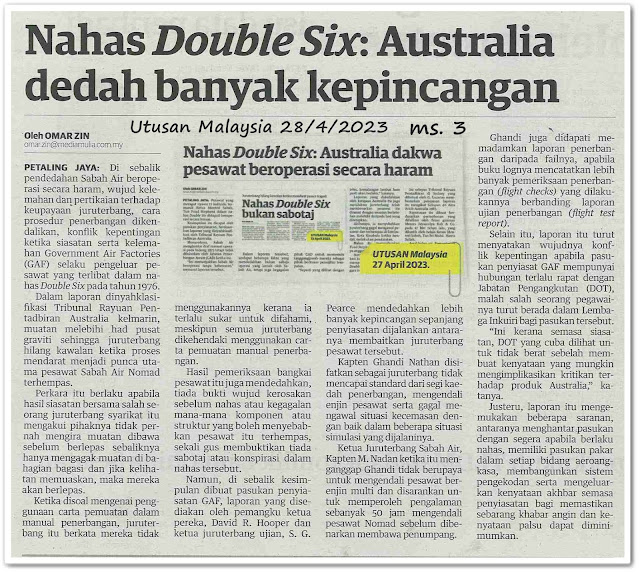 Nahas Double Six : Australia dedah banyak kepincangan - Keratan akhbar Utusan Malaysia 28 April 2023